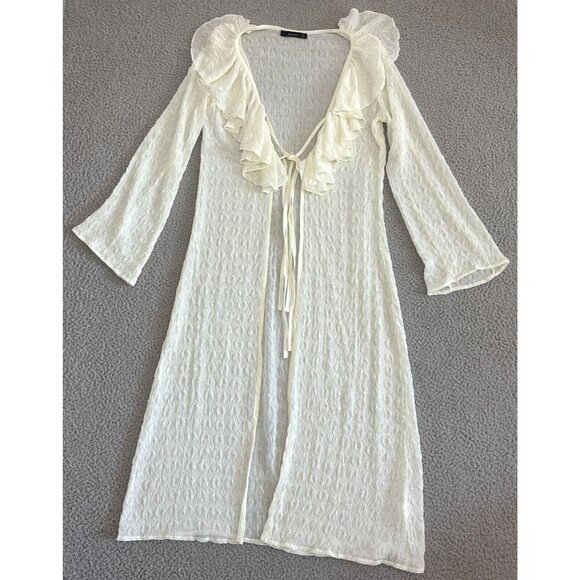 Hesperus Duster Kimono Crinkled Flutter Sleeve Cream Ruffled - Picture 1 of 16